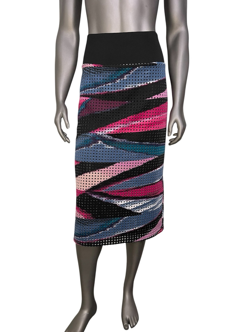 Bisou Bisou Midi Pencil Skirt Womens XL Black Pink Blue Perforated Stretch Y2K